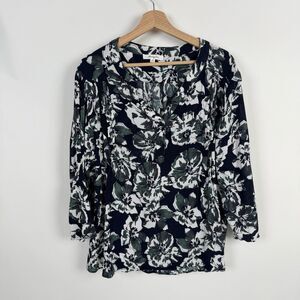 Monday Fun Blouse Women 2X Floral Rayon Teal Black 3/4 Sleeve V-Neck Flowy Tunic